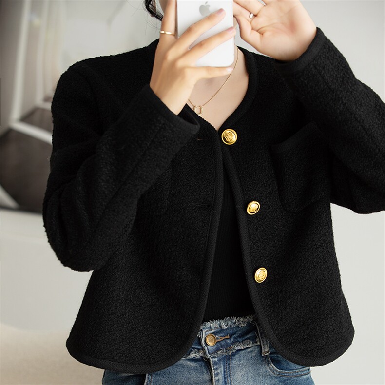 优雅气质小香风短外套 百搭显瘦黑色毛呢上衣 时尚淑女必备单品图片