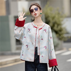 2025秋季新款新中式风宋锦金线提花盘扣外套女立领撞色，女装短外套，众宇琦