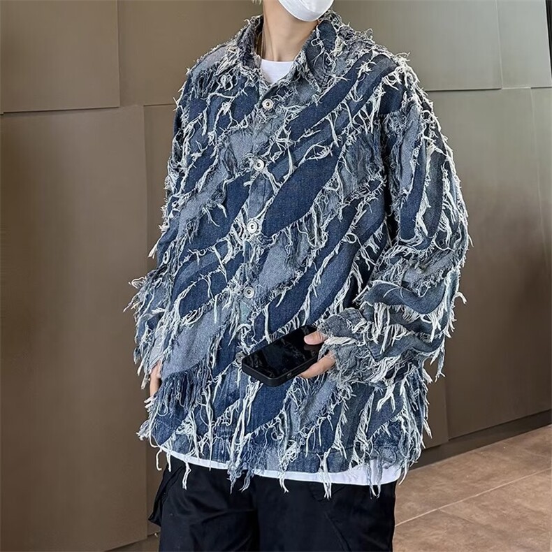 欧美高街流苏牛仔夹克男做旧毛边拼接水洗宽松休闲外套CS2227,男装夹克,星座1116A-1（原606A）