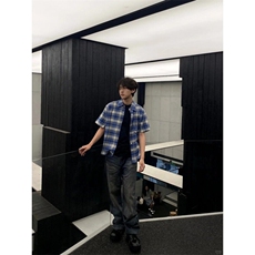 CS02ZZ-特P35法兰绒格子衬衫短袖男款夏季vintage金属纽扣衬衣，男装T恤，星座1007（原301D）
