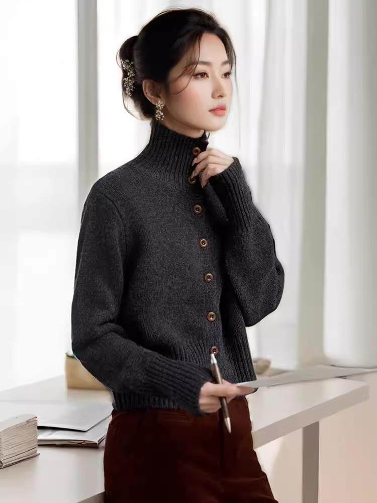 开衫立领长袖单排扣简约短款纯色2024年秋季针织衫,女装羊毛衫,德聚羊绒