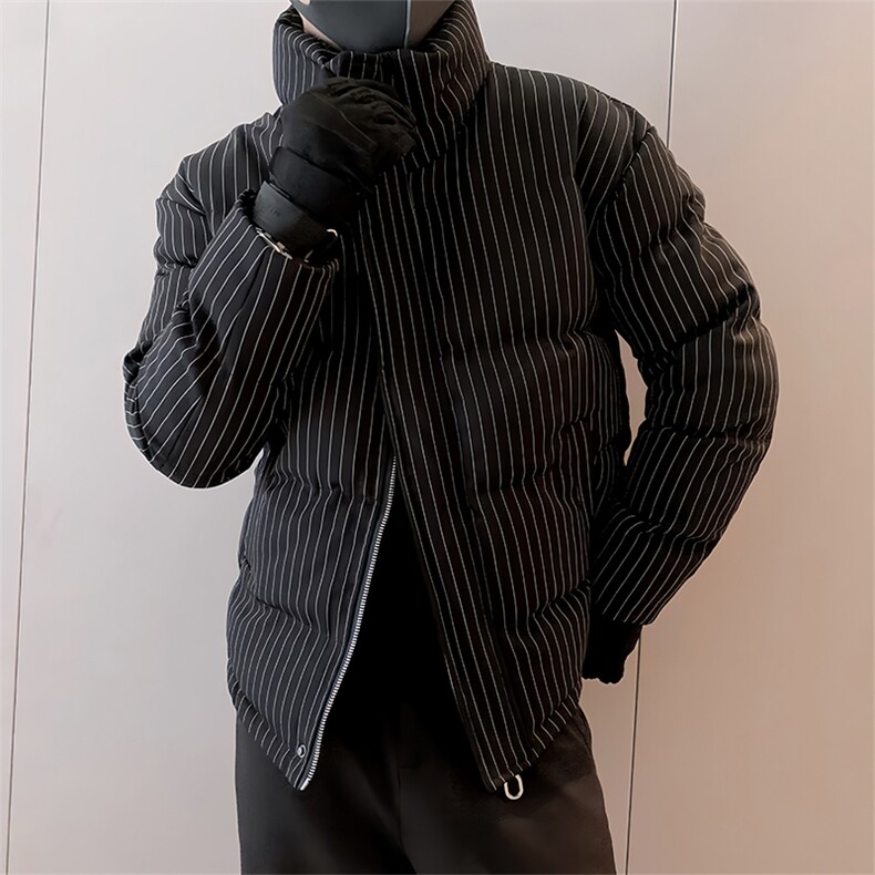 B12/P128控168冬季重磅经典百搭条纹立领棉衣外套男黑首1,男装棉衣,星座305B