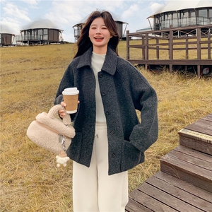 韩系简约宽松羊毛呢子大衣女秋冬气质短款翻领小个子休闲毛呢外套图片
