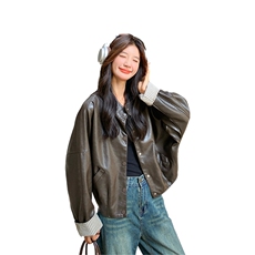 咖色皮衣短外套女春秋2025新款复古立领机车服休闲夹克上衣1391，女装皮衣，欣美人