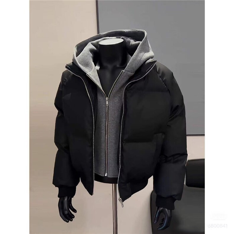网图黑色假两件PU皮棉服男款冬季防风保暖短款面包服,男装棉衣,电商C307