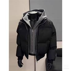 网图黑色假两件PU皮棉服男款冬季防风保暖短款面包服，男装棉衣，电商C307