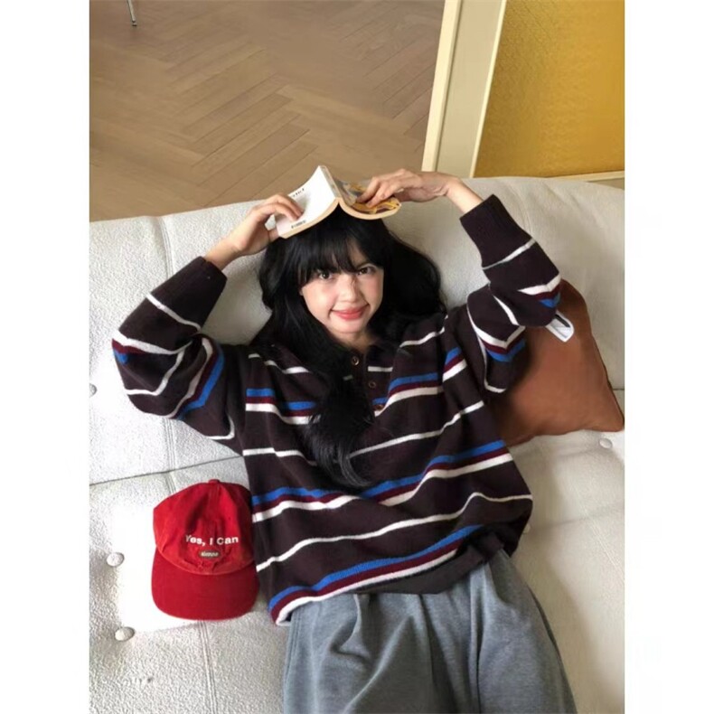 秋冬穿搭复古条纹设计感撞色翻领羊毛针织衫毛衣外套宽松显瘦上衣，女装针织衫/毛衣，旭驰羊绒