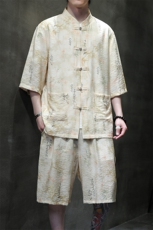 2025春季新款男风冰丝唐装新中式印花套装短袖+短裤A109-P80，男装休闲套装，电商B277(原6028)