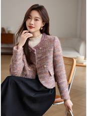 粗花毛呢小外套超短款外搭加棉女装上衣通勤气质小香风裙裤百搭款，女装毛呢外套，婵米儿