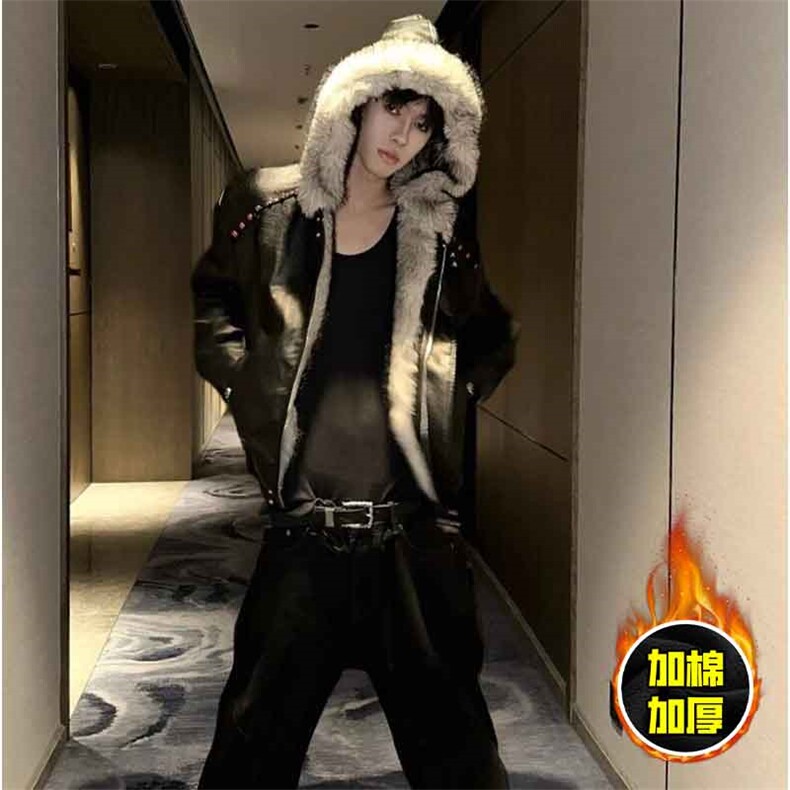 现货冬季美式潮牌痞帅PU皮机车服棉衣毛毛绒狼王座山雕皮棉服,男装棉衣,电商A486