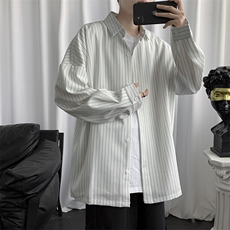 条纹衬衫外套男港风日系休闲宽松衣服潮流黑色男士衬衣W1161-P35，男装衬衫，星座512-2