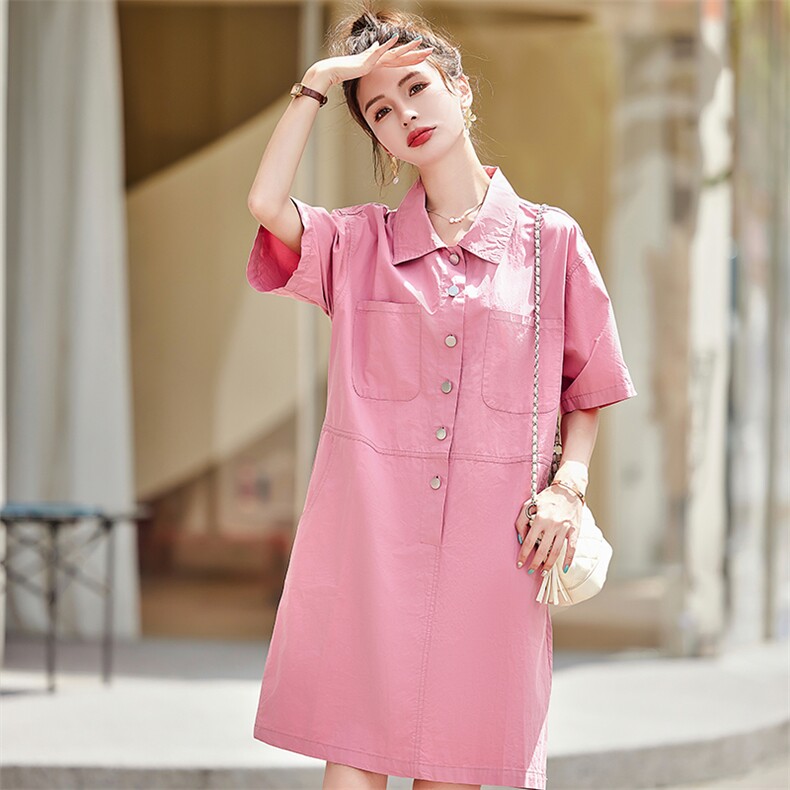 粉色休闲polo连衣裙2025新款女夏季小个子高级感宽松气质衬衫裙，女装牛仔裙，凯瑟曼
