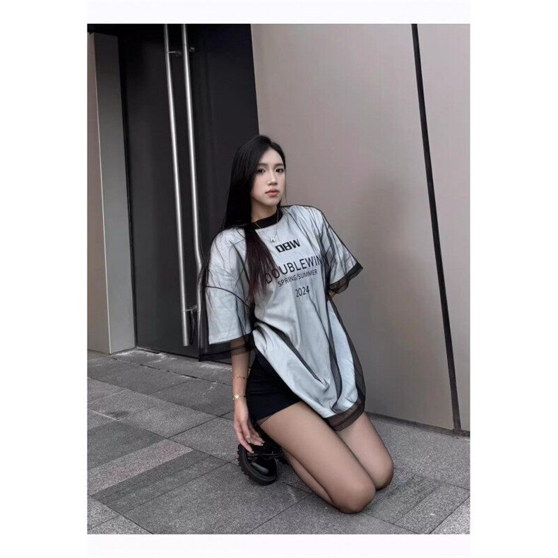W9839-P40网图现货港风潮牌假两件网纱短袖美式痞帅高级感t恤,男装T恤,星座1608-2