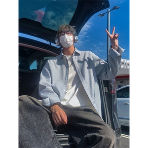 日系复古条纹长袖衬衫男高级感穿搭大码休闲衬衣外套C2251-特价28