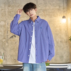 美式复古慵懒宽松格子长袖衬衫男女新款百搭休闲衬衣潮C2122-P43，男装衬衫，星座1008-1