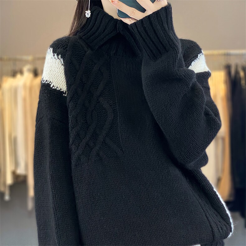 100%纯羊绒衫女高领撞色复古提花套头毛衣宽松慵懒羊毛针织打底衫，女装羊毛衫，琳华羊绒