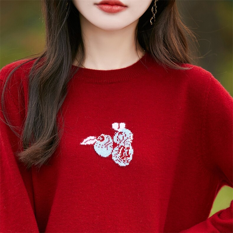 秋冬100%纯羊毛衫女圆领蓝莓提花针织毛衣宽松拼色羊绒衫打底上衣,女装羊毛衫,暖烁羊绒