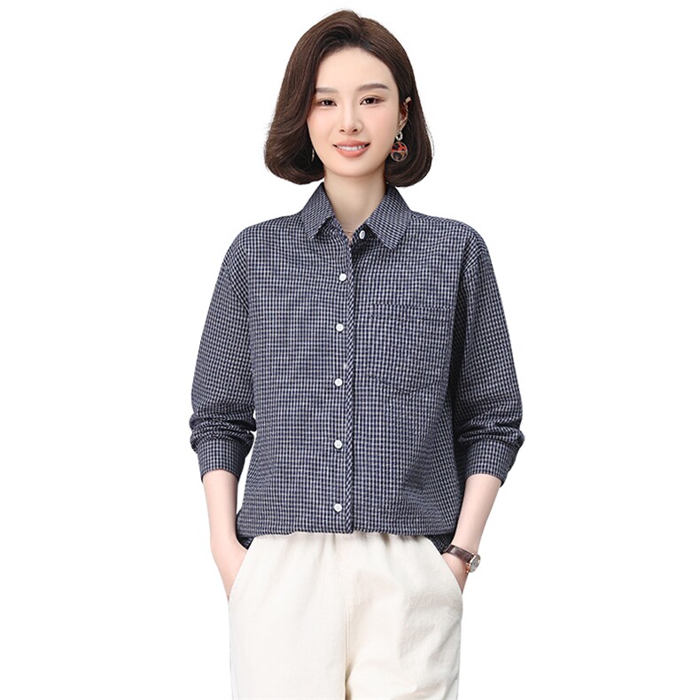 格子衬衫女春秋2024年新款宽松薄款妈妈时尚洋气休闲纯棉长袖上衣,女装衬衫,小林双子