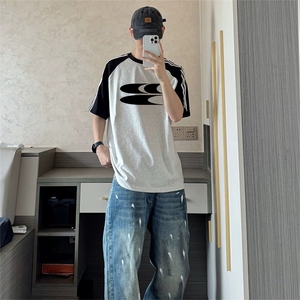 抖音得物品质二开240克宽松纯棉美式潮牌插肩三杠织带短袖T恤图片