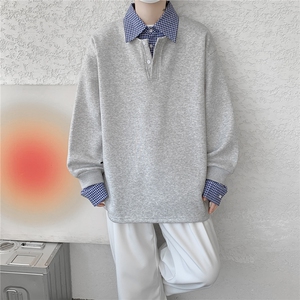 M-8XL美式假两件格子拼接翻领卫衣大码polo领长袖T恤衫WY5110/P58图片