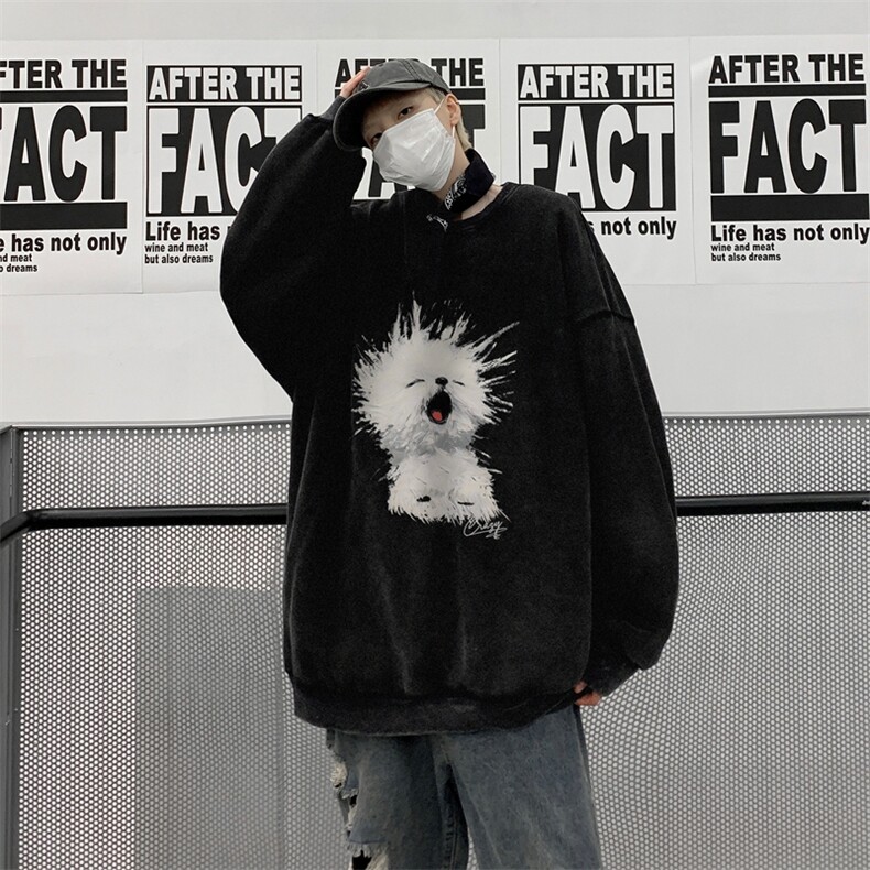 水洗做旧纯棉挺括长袖T恤男秋季潮牌小狗印花宽松痞帅内搭打底衫,男装卫衣,星座517A-2