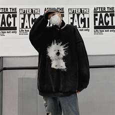 水洗做旧纯棉挺括长袖T恤男秋季潮牌小狗印花宽松痞帅内搭打底衫，男装卫衣，星座517A-2