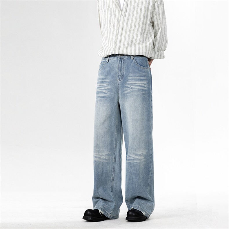 高品质原创韩版美式复古折痕做旧蓝色水洗直筒牛仔裤P80，男装牛仔裤，星座216-1