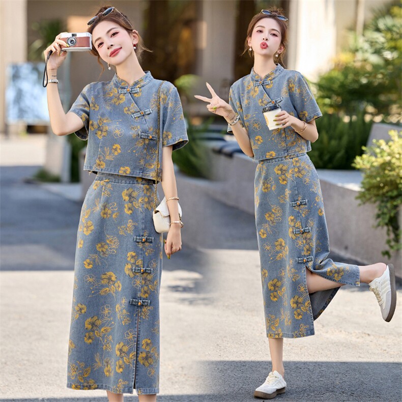 新中式盘扣牛仔套装裙女2025年夏季新款复古印花半身裙两件套，女装套装/套裙，关键词