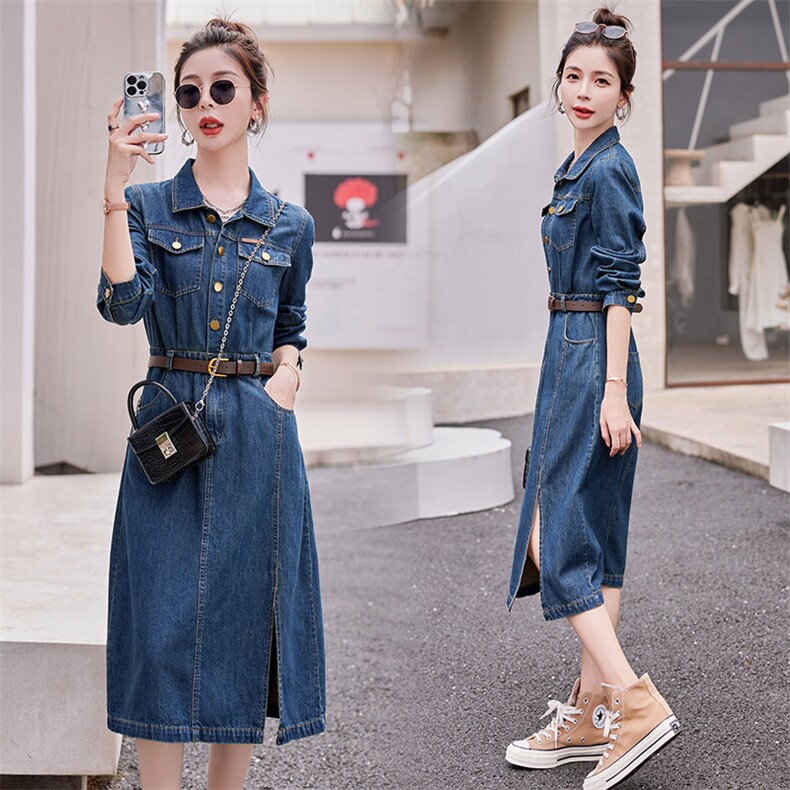 春秋款牛仔连身裙裙子质感高级感连衣裙女长袖2025新款显瘦小个子，女装连衣裙，瑶迪依秀