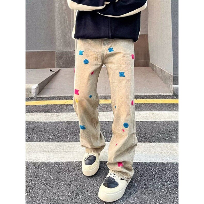 W9621-P53网图现货潮原创美式复古小花朵做旧黄泥色牛仔裤,男装牛仔裤,星座1608-2