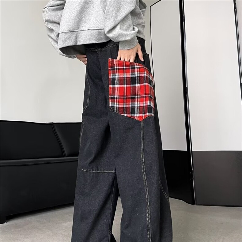美式格纹拼接格子男女牛仔裤秋季2024新款宽松弯刀阔腿长裤XK8091图片