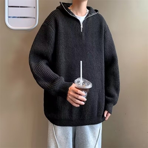 美式复古半拉链连帽毛衣男韩版纯色oversize痞帅针织衫外套M6515图片