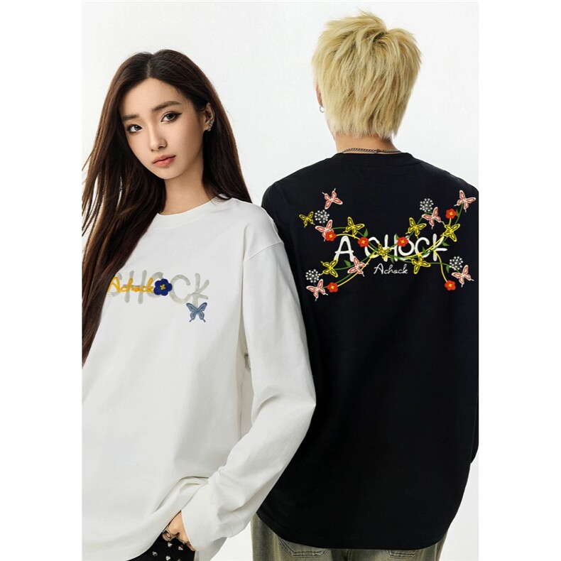 美式复古刺绣花卉新款短袖小众圆领情侣T恤男女，男装T恤，星座1210-1