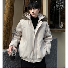 现货冬季新款连帽可拆卸毛领呢料棉衣棉服男女情侣款棉衣特p98，男装棉衣，电商C307