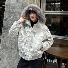 图潮座山雕冬季迷彩棉服短款加厚毛领外套，男装棉衣，电商C307