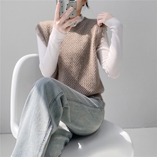 HE|镂空工艺软糯baby山羊绒针织马甲女圆领宽松毛衣百搭背心，女装针织衫/毛衣，织纯羊绒