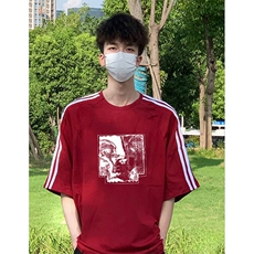 抖音得物高品质二开240克宽松纯棉美式潮牌三条杠织带短袖T恤，男装T恤，电商A486-1