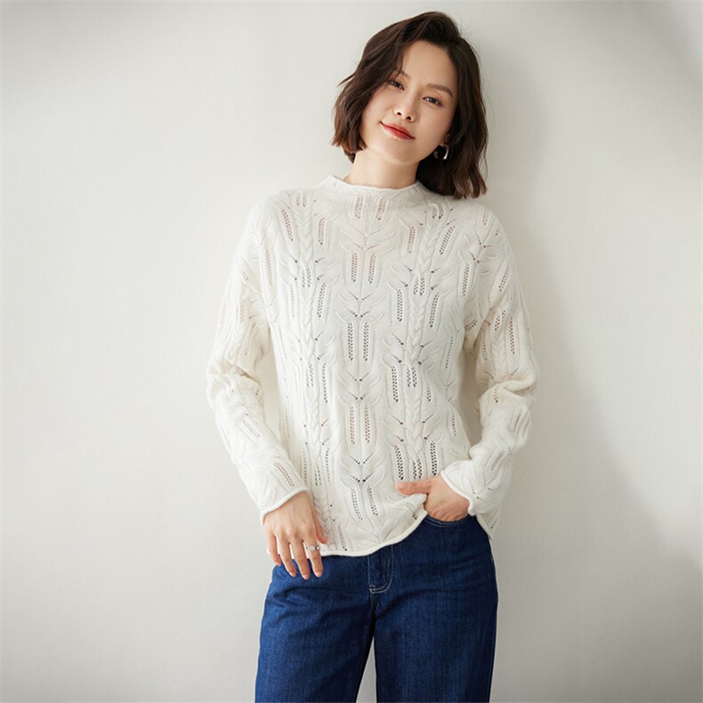 优雅镂空麻花半高领女士羊绒衫时尚百搭显瘦保暖毛衣,女装羊绒衫,迎冬羊绒