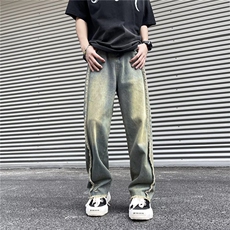 夏男牛仔裤流苏拼接字母刺绣破洞口袋直筒宽松长裤NK161P45，男装牛仔裤，星座1013-1