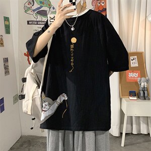 YT26013-P30亚麻短袖t恤男大码五分袖男宽松七分袖海报风，男装T恤，电商A040