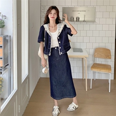 甜美蕾丝牛仔半身裙套装女夏2025新款宽松显瘦独特漂亮百搭两件套，女装套装/套裙，2C012