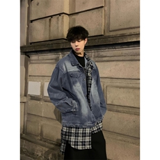【有货】假两件牛仔外套男春秋格子衬衫拼接工装夹克JK8624CC-P85，男装夹克，星座1007（原301D）