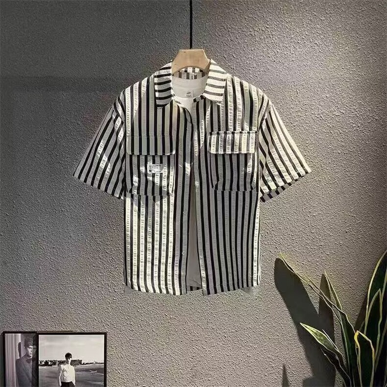 青少年条纹翻领短袖衬衫男孩夏季工装薄款外套高中学生七分袖衬衣,男装T恤,星座506A