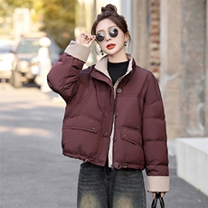 时尚拼色立领短款羽绒服女2024冬季小个子超好看面包服白鸭绒外套，女装羽绒服，美沁