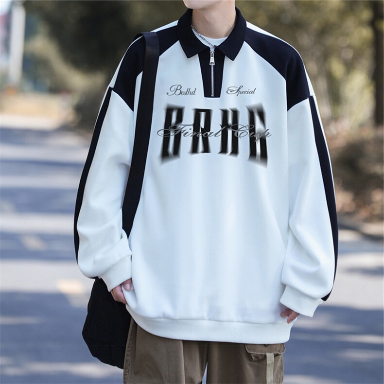 秋美式拼色翻领POLO衫休闲宽松卫衣PW2236-P50控78抖控88加绒P60，男装卫衣，电商B370