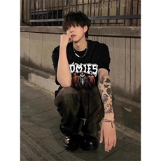 美式重磅短袖T恤男款夏季青少年潮流半袖体恤休闲宽松圆领五分袖，男装T恤，星座1209-1