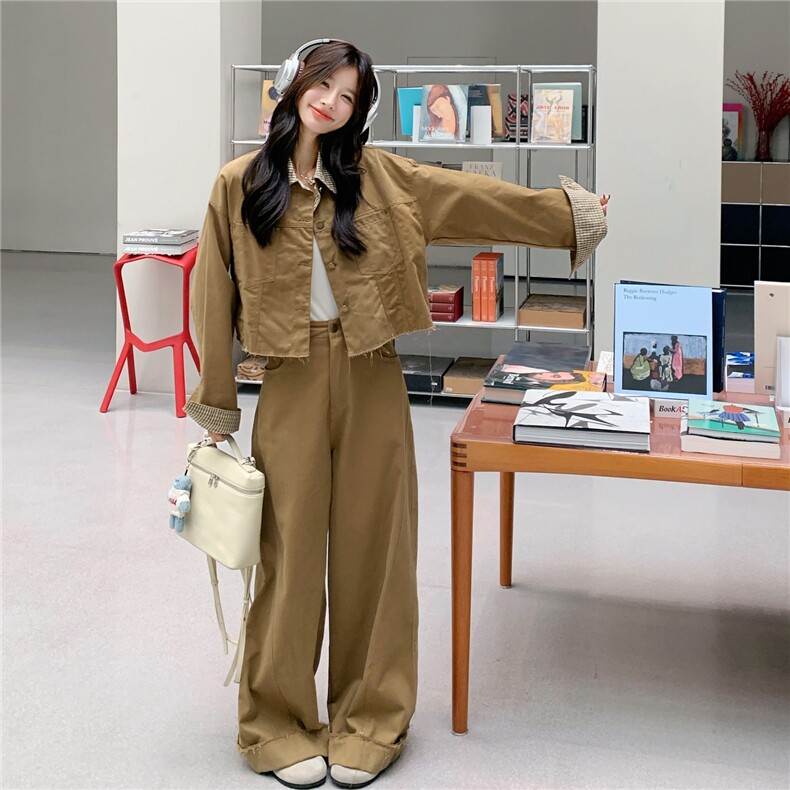 新款！大量！格子拼接工装阔腿裤两件套2C133-8975-P195-K268，女装套装/套裙，2C133