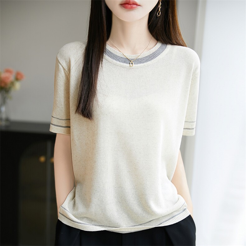 法式圆领冰丝针织短袖T恤女2025夏薄透气宽松显瘦上衣半袖t恤衫，女装针织衫/毛衣，郡淞羊绒