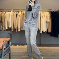 时尚百搭纯毛连帽套装显瘦修身黑色羊毛衫两件套，女装羊毛衫，梵泰羊绒