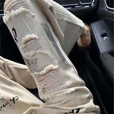 美式复古涂鸦字母破洞牛仔裤男女设计感cleanfit弯刀裤L60700-P58，男装牛仔裤，星座1008